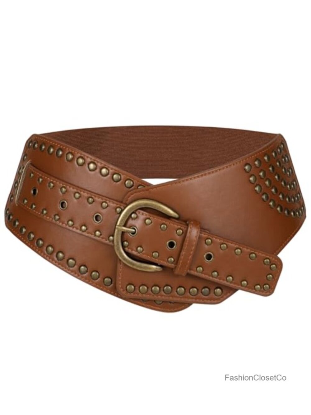Women Vintage Wide Elastic Belt PU Leather Studded Rivets Metal Buckle Stretchy
